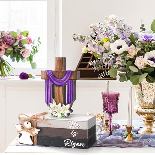 Bememo 5 Pcs Easter Decorations He is Risen Cross Wooden Sign Easter Tiered Tray Decor Christian Religious Decorative Faux Book Stack Block for Spring Home Table Fireplace Mantel Floating Shelf