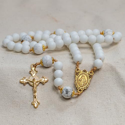 Catholic Rosary with Natural White Marble Gemstone Beads, Elegant Gold Brass Crucifix and Medal Catholic Prayer beads