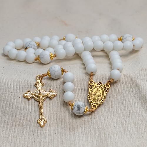 Catholic Rosary with Natural White Marble Gemstone Beads, Elegant Gold Brass Crucifix and Medal Catholic Prayer beads