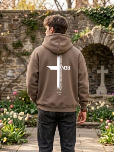 Eatbook Christian Hoodies for Men Faith Over Fear Cross Graphic Hoodie - color: Khaki, size: Large