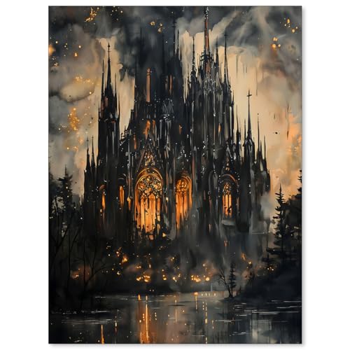 Gothic Victorian Castle Wall Art Vintage Dark Academia Oil Painting Poster Retro Mid Century Goth Vampire Forest Canvas Prints for Living Room Bedroom Wall Decor 08x10 inch Unframed - color: Black-unframed, size: 10L" x 8W"