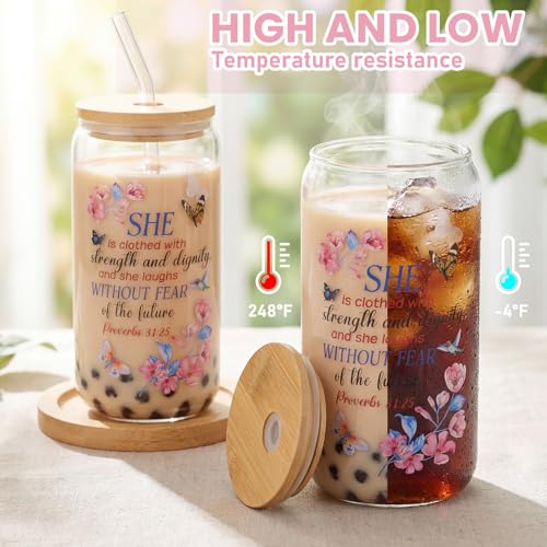 Teenyyou 12 Set of Christian Gifts for Women Bible Verse Glasses Tumbler with Bamboo Lid and Glass Straw 16oz Inspirational Religious Coffee Cup for Back to School Teacher Appreciation Gifts - style: Christian