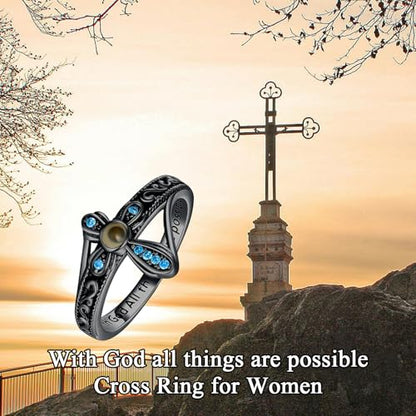 AOBOCO Cross Ring with Mustard Seed 925 Sterling Silver With God All Things Are Possible Band Rings, Size 4-13 - color: Black