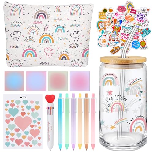 Watersay 64 Pcs Rainbow Inspirational Gifts for Women 16oz Glass Cup with Lid Straw Motivational Canvas Makeup Bag Pens Sticky Notes Stickers Stationery Accessories for Back to School - style: Rainbow