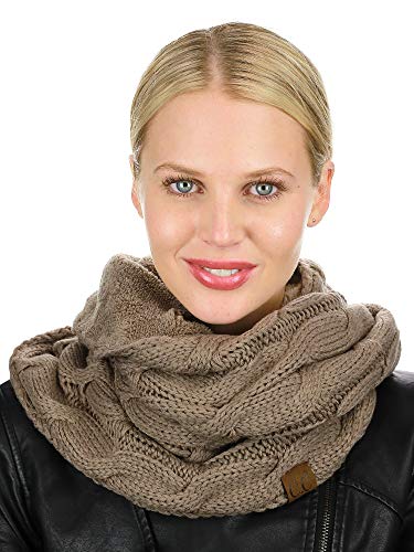 C.C Women's Winter Cable Knit Sherpa Lined Warm Infinity Pullover Scarf - color: Taupe