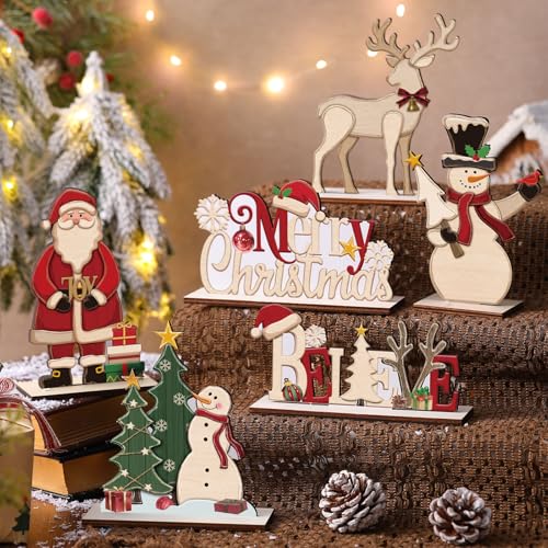Thyle 6 Pcs Christmas Table Decorations Vintage Christmas Centerpieces for Tables Wooden Retro Snowman Tree Reindeer Santa Claus Joy Believe Tabletop Sign for Xmas Winter Holiday Dinner Party Supplies