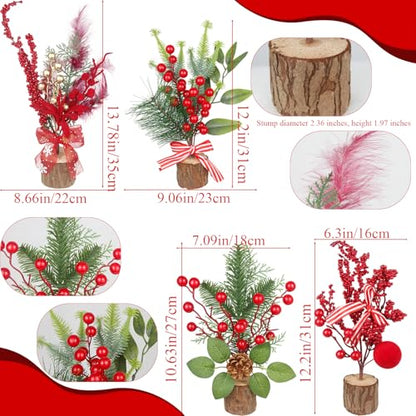 4 Pcs Mini Christmas Trees Table Decorations Small Christmas Tree with Christmas Ornaments Pine Cone Berry Artificial Xmas Tree Centerpieces for Home Indoor Fireplace Mantel Party Winter Decor