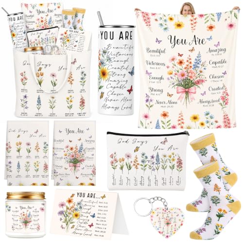 10 Pcs Christian Gifts for Women, Inspirational Religious Care Package for Mom Friend Sister, Lavender Spa Gift Basket with Bible Verse Blanket Tumbler Tote Bag, Get Well Birthday Box - style: Christian Floral