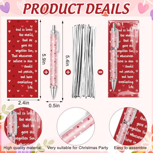 FYSUIMU 30 Sets Valentine's Day Ballpoint Pens Bulk Pink Red White Love Heart Plastic Ballpoint Pens with Bible Verse Thank You Cards for Christian Appreciation Gift Sunday School Church Party Favors