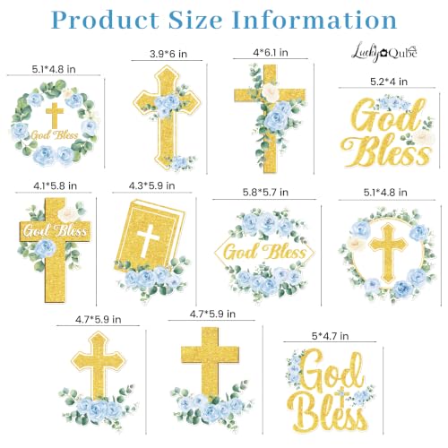 11Pcs Blue Floral God Bless Honeycomb Centerpieces, Baptism Christening Table Decorations, Christian Cross Religious Centerpiece for Baby Shower First Communion Birthday Party Supplies