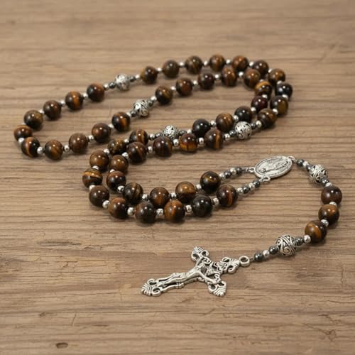 Nazareth Store Genuine Rosary Stone Beads Necklace Metal Beaded Glory Beads Miraculous Medal & Silver Cross Crucifix For Men and Womens - color: Tiger Eye