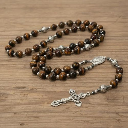 Nazareth Store Genuine Rosary Stone Beads Necklace Metal Beaded Glory Beads Miraculous Medal & Silver Cross Crucifix For Men and Womens - color: Tiger Eye