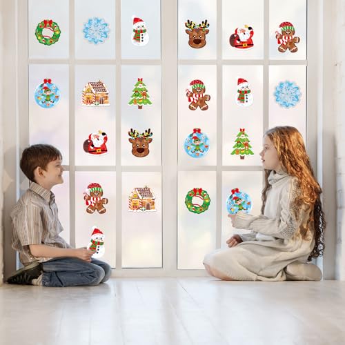 Renbuzhu 36PCS Christmas Crafts Bulk: Xmas Paper Suncatchers DIY Kit for Winter Holiday Activities Decorations, Window Stained Glass Effect Art Ornaments - style: christmas holiday