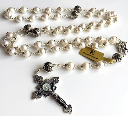 elegantmedical Wire Wraped Bali 925 Sterling Silver Pearl Beads Rosary Necklace Cross