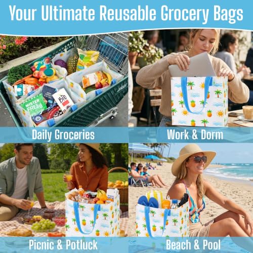 VENO 4 Pack Large Grocery Bag Reusable Shopping Bags with Hard Bottom - color: Tropical Island