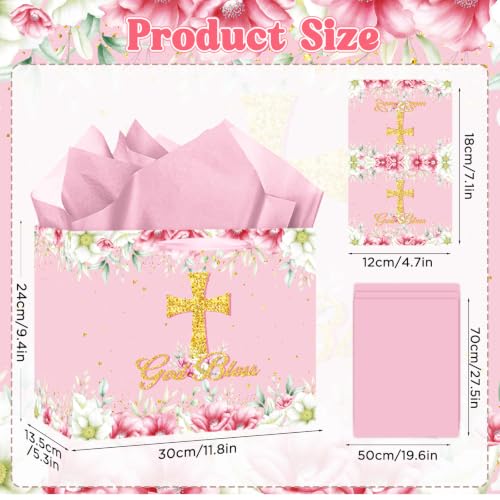 Pink God Bless Gift Bag with Gold Cross, Religious Gift Bag Set with Light Pink Tissue Paper & Greeting Card - Elegant First Holy Communion, Baptism, Christening, Confirmation Present Bag - 11.8 x 9.4 x 5.3 Inches (Pink) - color: Pink