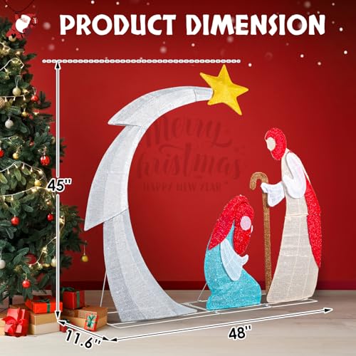 VINGLI 3.7FT Lighted Nativity Scene Outdoor Christmas Decoration with LED Lights, Light up Outdoor Religious Decor with Jesus, Mary, Holiday Yard Decoration for Christian Families, Moon Shape