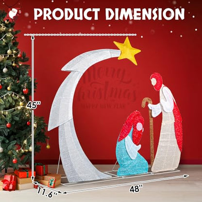 VINGLI 3.7FT Lighted Nativity Scene Outdoor Christmas Decoration with LED Lights, Light up Outdoor Religious Decor with Jesus, Mary, Holiday Yard Decoration for Christian Families, Moon Shape