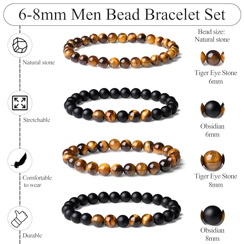 Mens Beaded Bracelets, 8MM Beaded Bracelets for Men, Natural Tiger Eye Bead Bracelet, Stretch Elastic Beads Bracelets for Men - color: 4 tiger eye black agate