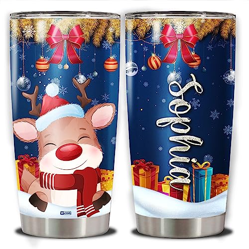 WAZONE Personalized Reindeer Tumbler Cup With Lid 20oz 30oz Custom Name Double Wall Vacuum Insulated Stainless Steel Coffee Travel Mug Xmas Christmas Holiday Gifts For Family Kids - color: Reindeer