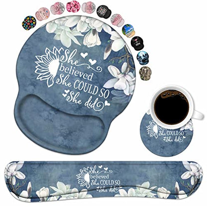 Keyboard Wrist Rest and Mouse Pad Wrist Support Set with Coasters, Inspirational Quote She Believed She Could So She Did Wrist Support Mouse Pad with Non-Slip PU Base for Computer Laptop Home Office - color: Inspirational Quote She Believed She Could So S