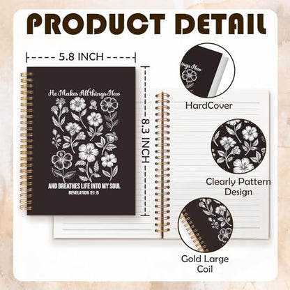 Boho Black Floral Christian Prayer Notebook Journal, Christian Gifts, Religious Bible Verse Spiral Hardcover Notebook Journal for Study Office Work, 5.5x8.3 Inch - color: Black Flowers & Bible
