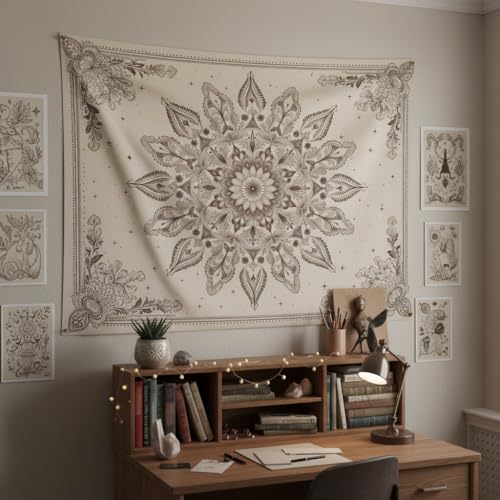 Motanber Floral Mandala Tapestry Wall Hanging Boho Beige Tapestry Aesthetic Bohemian Flower Cute Small Tapestries for Bedroom Living Room Dorm Wall Decor 48 x 36 Inch - color: Beige White, size: 48"L x 36"W