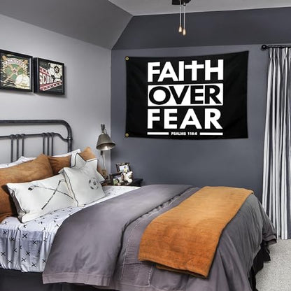 Faith Over Fear Flag Christian Jesus Flags 3x5 Outdoor Funny Tapestry Flag Inspirational Gym Motivational Flags for Room Guys Home Gym Bedroom College Dorm Motivation Wall Art Decor Banner