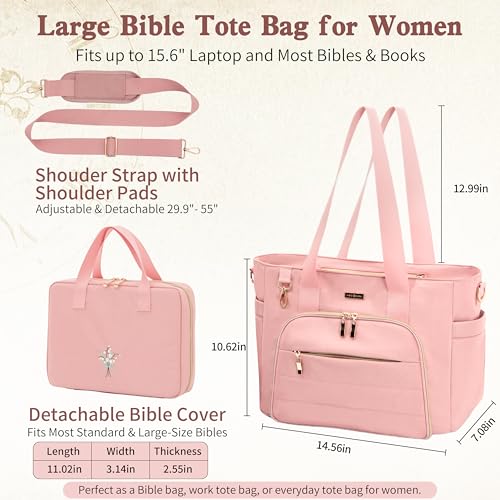 Large Bible Bag for Women, 2-in-1 Bible Tote with Detachable Embroidered Bible Cover & Study Supplies, Church Bible Study Bag, Gift-Ready Christian Gift for Women (Pink) - color: Pink