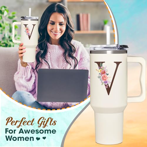 Personalized Gifts for Women, Customized Mother's Day, Birthday, Xmas Gift For Grandma, Mom, Wife, Friends, Sisters, Coworkers, Monogrammed Tumbler 40oz with Lid and Straw - color: V