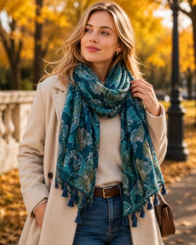 YOUR SMILE Large Boho Scarf for Women Lightweight Floral Printed Scarves Fall Winter Fashion Fringed Shawl wraps - color: 01 Teal Leaves