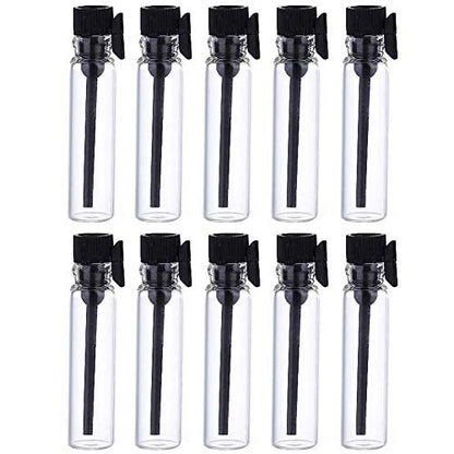 Teensery 100 Pcs Empty Perfume Sample Bottles Mini Glass Refillable Sample Vial Containers with Black Cap for Aromatherapy, Essential Oil, Fragrance and Liquid (1ml) - size: 1ml
