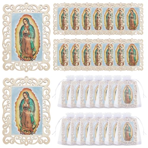 ORIGACH 30 PCS Our Lady of Guadalupe Wooden Picture Frames with Organza Gift Bags & Hemp Rope, Virgen De Guadalupe Picture Frames for First Communion, Christening, Catholic Gifts, Rectangle, 6.7×4.5 Inch