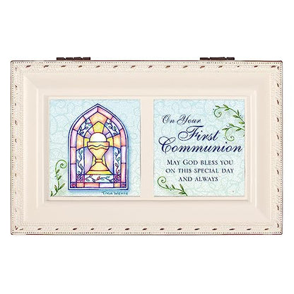 Cottage Garden First Communion God Bless You Matte Ivory Jewelry Music Box Plays Ave Maria