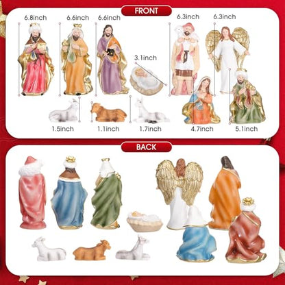 Cinnvoice 11 Pcs Christmas Nativity Gift Set Resin Nativity Scene Figurine Set 7 Holy Family Statue for Indoor Decoration Jesus Manger Sculpted Religious Gift for Xmas Family Home Tabletop