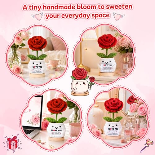 Positive Crochet Rose Flower Gift for Her, Romantic Anniversary Valentines Day I Love You Birthday Gift for Girlfriend Wife Husband, Encouragment Positive Gifts for Couples Husband Mom Grandma - color: Rose