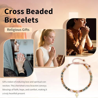 Btysun 𝑪𝒉𝒓𝒊𝒔𝒕𝒊𝒂𝒏 𝑮𝒊𝒇𝒕𝒔 𝒇𝒐𝒓 𝑻𝒆𝒆𝒏 𝑮𝒊𝒓𝒍𝒔, Religious Gifts for Women Stocking Stuffers Bead Bracelet with Cross Baptism Gift Jesus Bracelets Faith Comfirmation Gift Jewelry