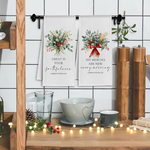 Christian Christmas Mistletoe Kitchen Towels, Lamentation 3:23 Bible Verse Dish Tea Towels for Kitchen, Red Bow Xmas Holly Berry Decorative Hand Towel for Bathroom, 16x24 Inch Set of 2 - color: Red Holly