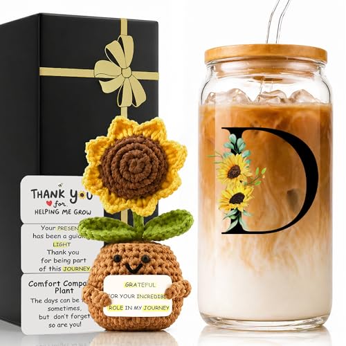 2 in 1 Personalized Glass Drinking Cup and Sunflower Doll Women Men Teacher End Year Custom Gift Female Best New Appreciation Goodbye Retirement Friends Thank you Favorite Good Social Student Bestie D - style: Initial-D