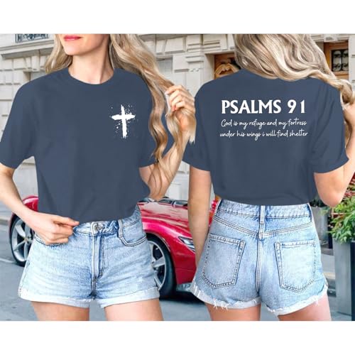 Christian Shirts for Women Psalms 91 Jesus Shirt Religious Faith God Tshirt Bible Verse Inspirational Tees Tops - color: Navy Blue, size: Medium