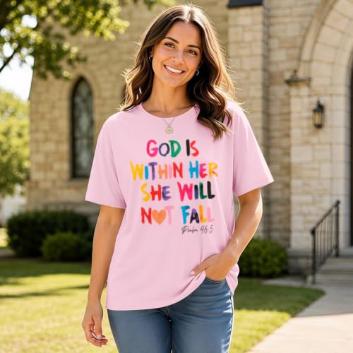 Sulayesh Christian Shirts for Women Jesus God is Within Her Tshirt Faith Inspirational Bible Verse Religious Graphic Tee Tops - color: Pink, size: Small