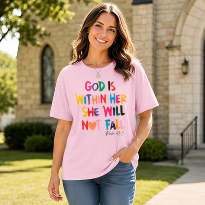 Sulayesh Christian Shirts for Women Jesus God is Within Her Tshirt Faith Inspirational Bible Verse Religious Graphic Tee Tops - color: Pink, size: Small