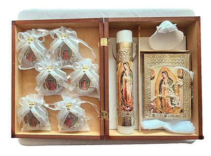 La Virgen de Guadalupe Set Especial De Bautizo, Unisex, Caja con Vela, Rosario, Biblia en Ingles, Concha y 12 Recuerdos con 12 Rosarios de La Virjen de Guadalupe