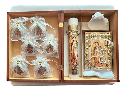 La Virgen de Guadalupe Set Especial De Bautizo, Unisex, Caja con Vela, Rosario, Biblia en Ingles, Concha y 12 Recuerdos con 12 Rosarios de La Virjen de Guadalupe