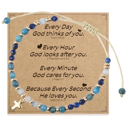 Christian Gifts for Women, Cross Bracelet, Natural Stone Beaded Jewelry - color: Blue