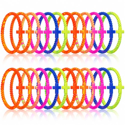 Soaoo 24/60 Pcs Jesus Bracelets Cross Silicone Bracelet Braided Stackable Rubber Wristband Silicone Jewelry Gift for Women Men - color: Tie Dye Color, size: Cross