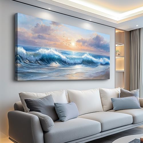 XIGUANGART Beach Pictures Wall Art,Coastal Sunrise Seascape Painting 24x48 - color: Sea Wave Painting, size: 48"L x 24"W