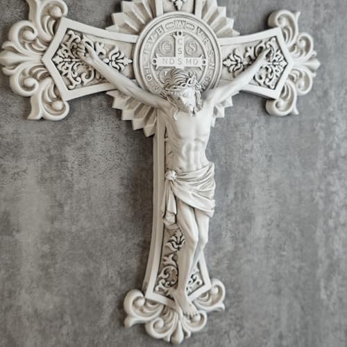 BC Catholic Saint Benedict Crucifix Wall Cross, Jesus Christ Home Decor, Religious Gift, Grey White Finish, 12"H, Hand Painted by Buildclassic - color: Grey White