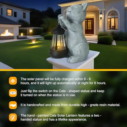 Solar Cat Garden Statue with LED Light - Cute Cat Figurine for Outdoor Decor, Weatherproof Resin Night Light for Yard Patio Lawn, Gift for Cat Lovers Women Mom Grandma