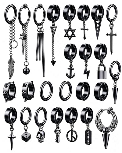 ONESING 20-25 Pcs Clip On Earrings for Men - Dangle Hoop Sterling Non Pierced Fake Piercings - Stainless Steel Silver - color: Black-25pcs